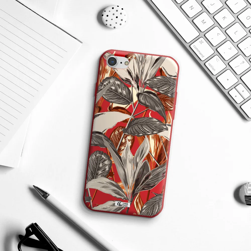 Brown Tropical Leaves Apple iPhone 7 Silicone Imperial Red Case