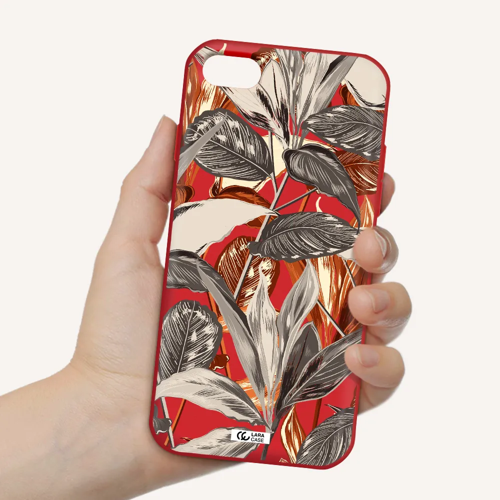 Brown Tropical Leaves Apple iPhone 8 Silicone Imperial Red Case
