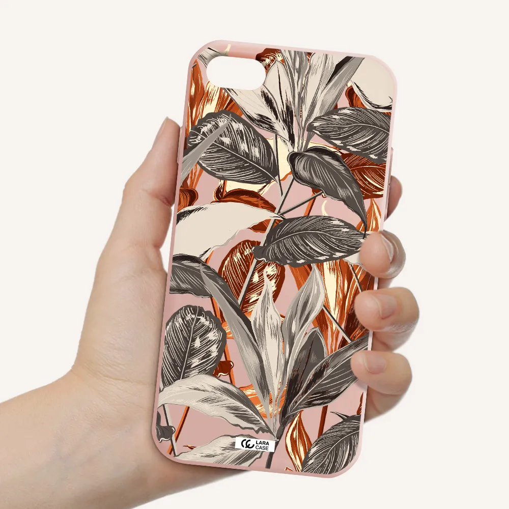 Brown Tropical Leaves Apple iPhone 8 Silicone pastel pink Case