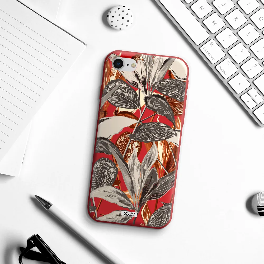Brown Tropical Leaves Apple iPhone se 2020 Silicone Imperial Red Case