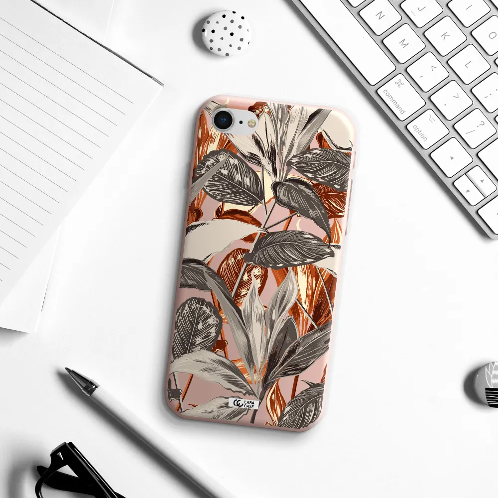 Brown Tropical Leaves Apple iPhone se 2020 Silicone pastel pink Case