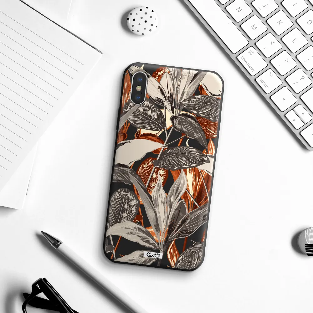 Brown Tropical Leaves Apple iPhone X Silicone black Case