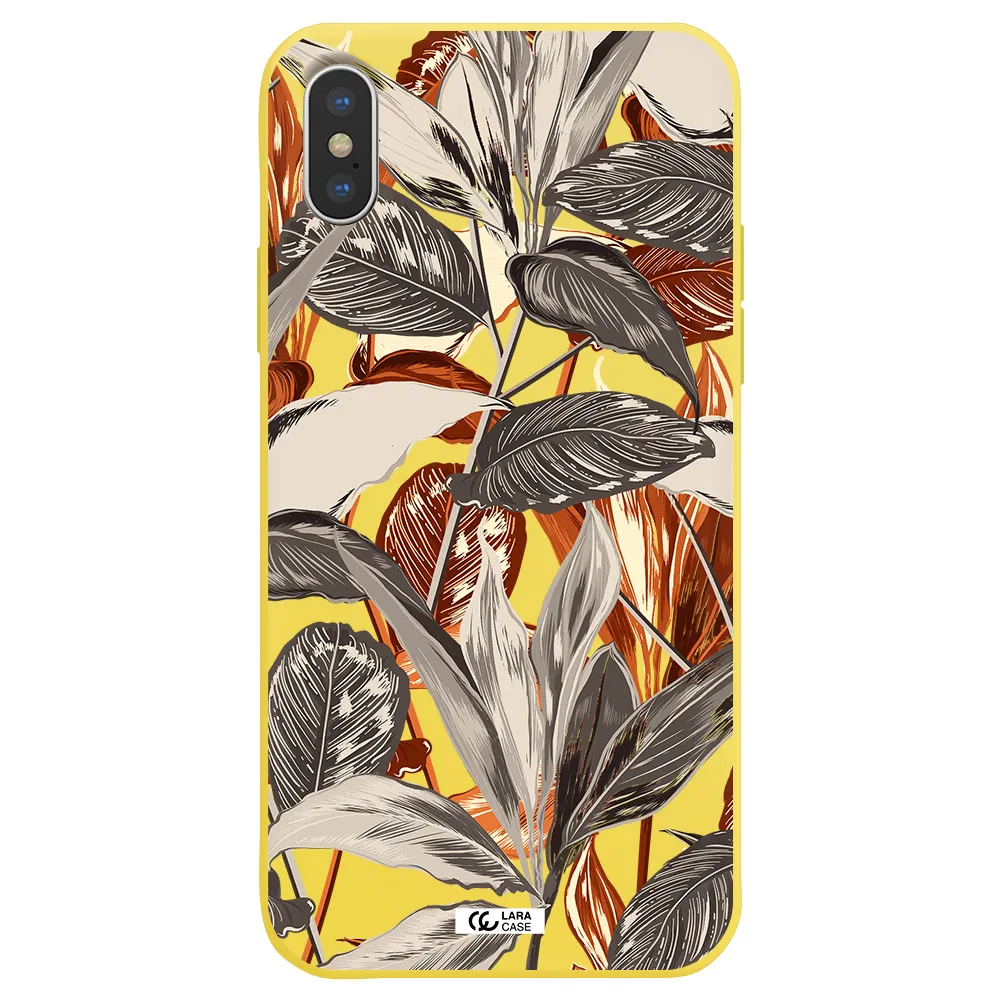 Brown Tropical Leaves Apple iPhone X Silicone canary yellow Case