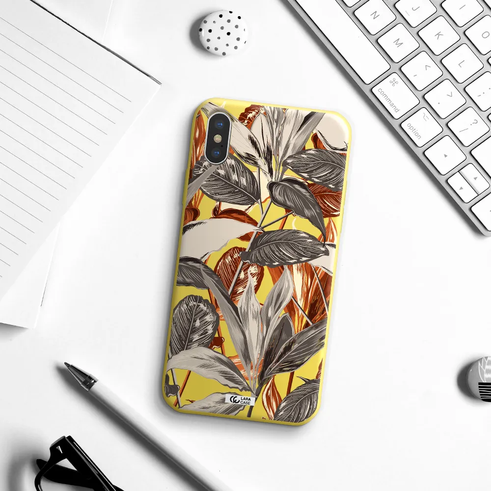 Brown Tropical Leaves Apple iPhone X Silicone canary yellow Case