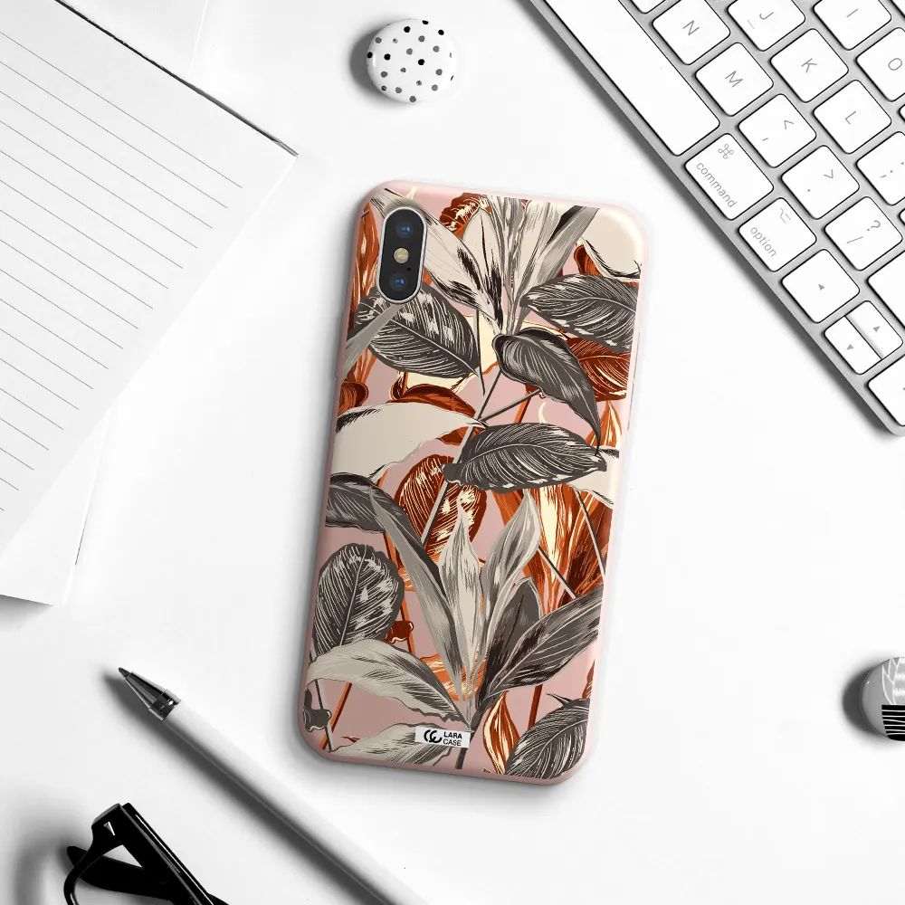 Brown Tropical Leaves Apple iPhone X Silicone pastel pink Case