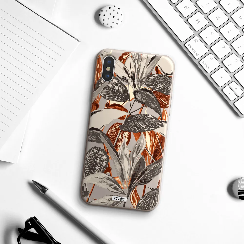 Brown Tropical Leaves Apple iPhone X Silicone Stone Case