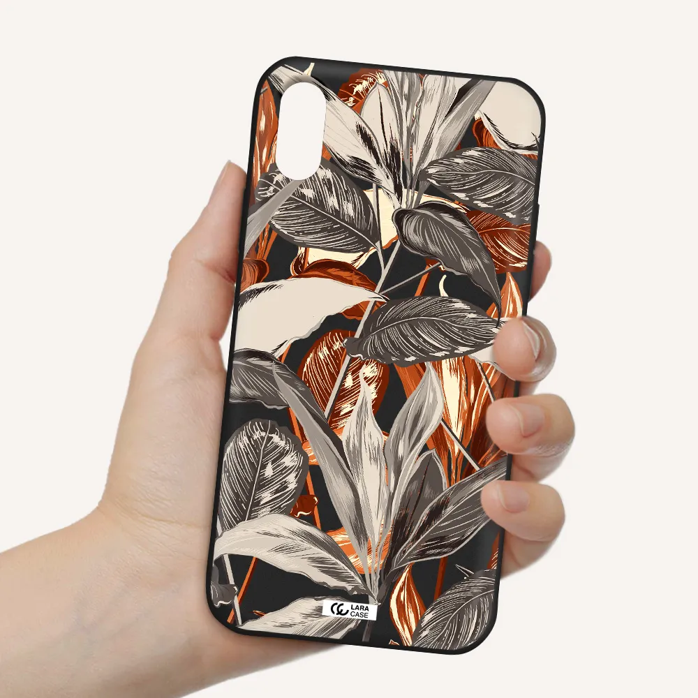 Brown Tropical Leaves Apple iPhone XS Silicone black Case
