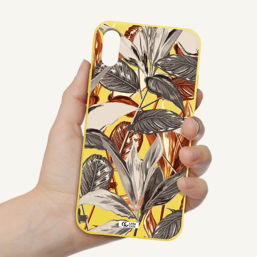 Brown Tropical Leaves Apple iPhone XS Silicone canary yellow Case