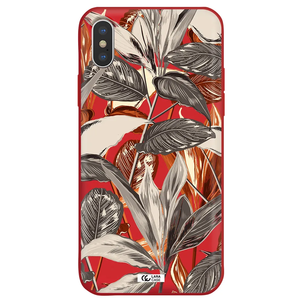 Brown Tropical Leaves Apple iPhone XS Silicone Imperial Red Case