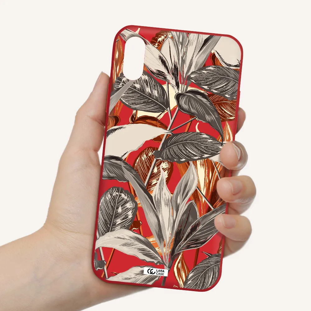 Brown Tropical Leaves Apple iPhone XS Silicone Imperial Red Case