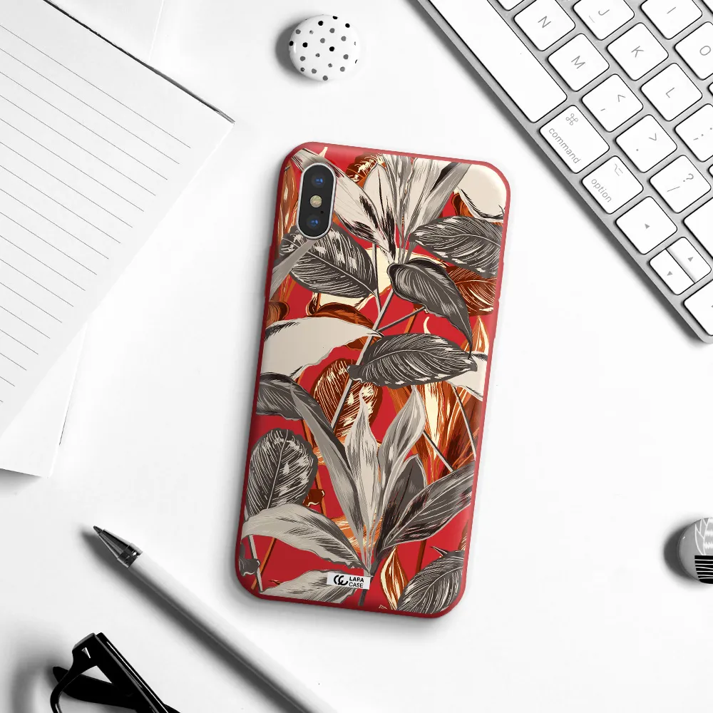 Brown Tropical Leaves Apple iPhone XS Silicone Imperial Red Case