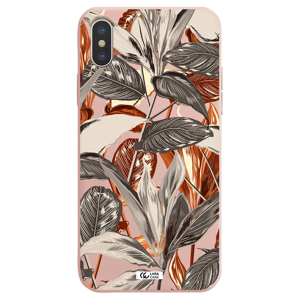 Brown Tropical Leaves Apple iPhone XS Silicone pastel pink Case