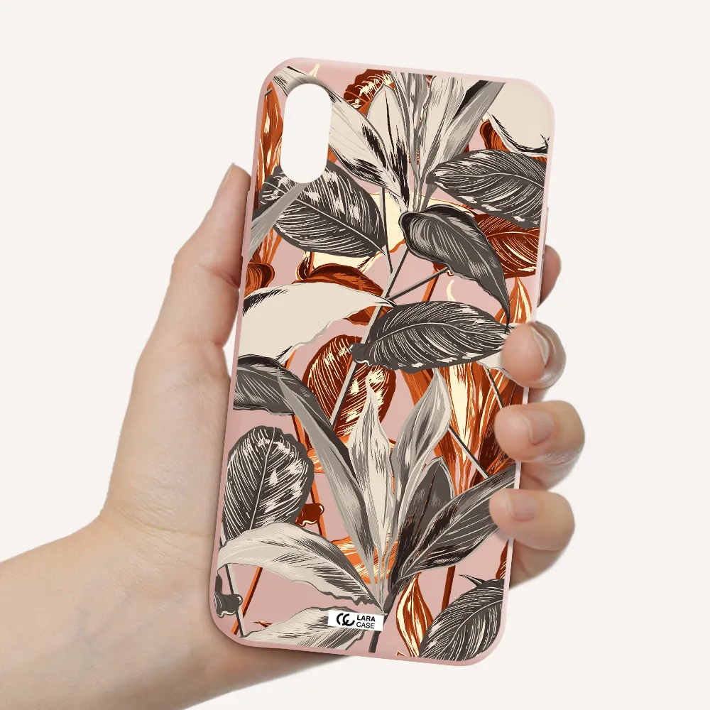 Brown Tropical Leaves Apple iPhone XS Silicone pastel pink Case