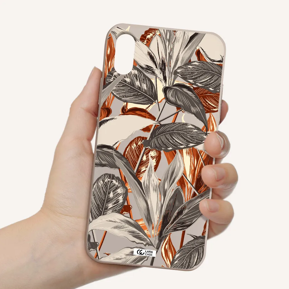 Brown Tropical Leaves Apple iPhone XS Silicone Stone Case