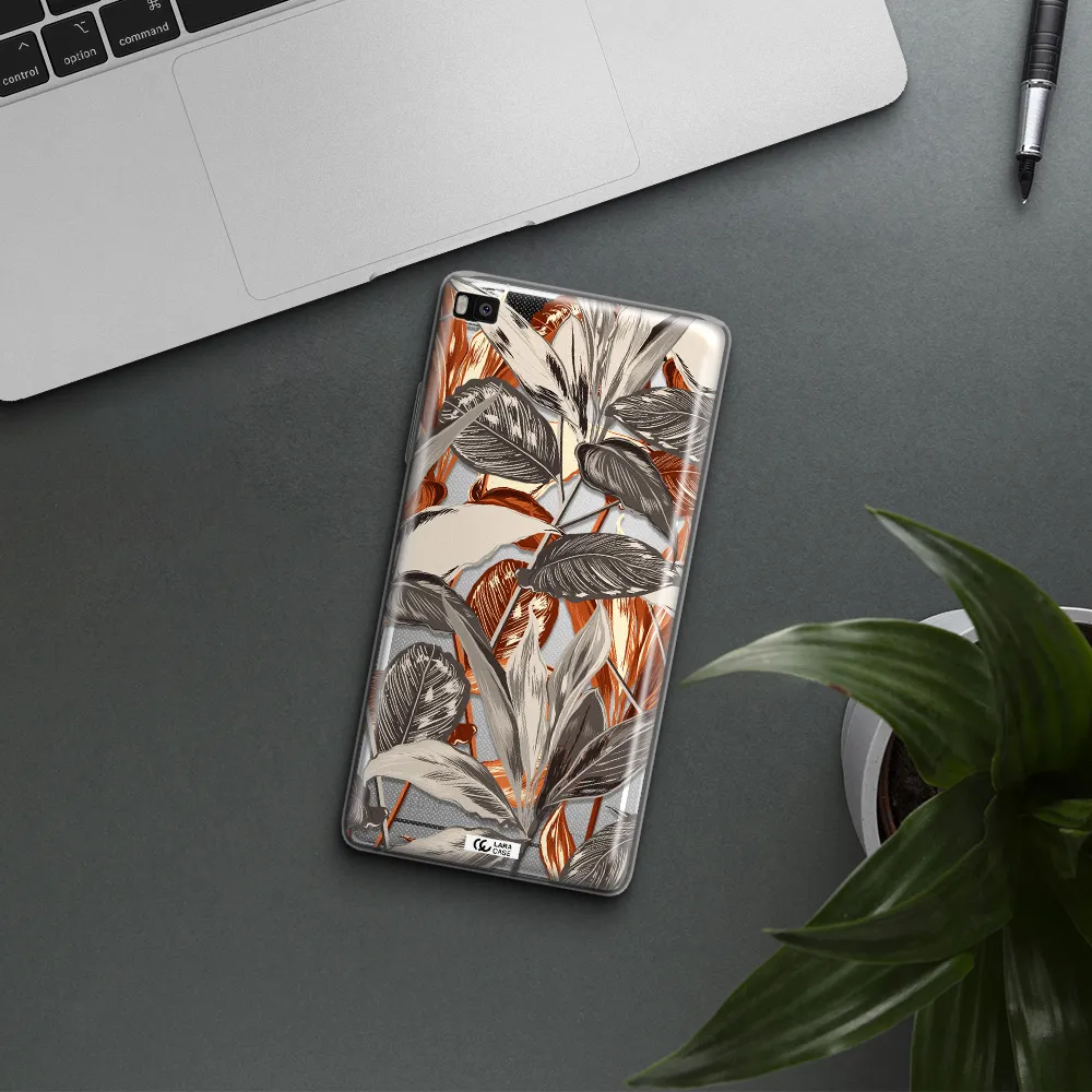 Brown Tropical Leaves Huawei P8 Clear TPU Case