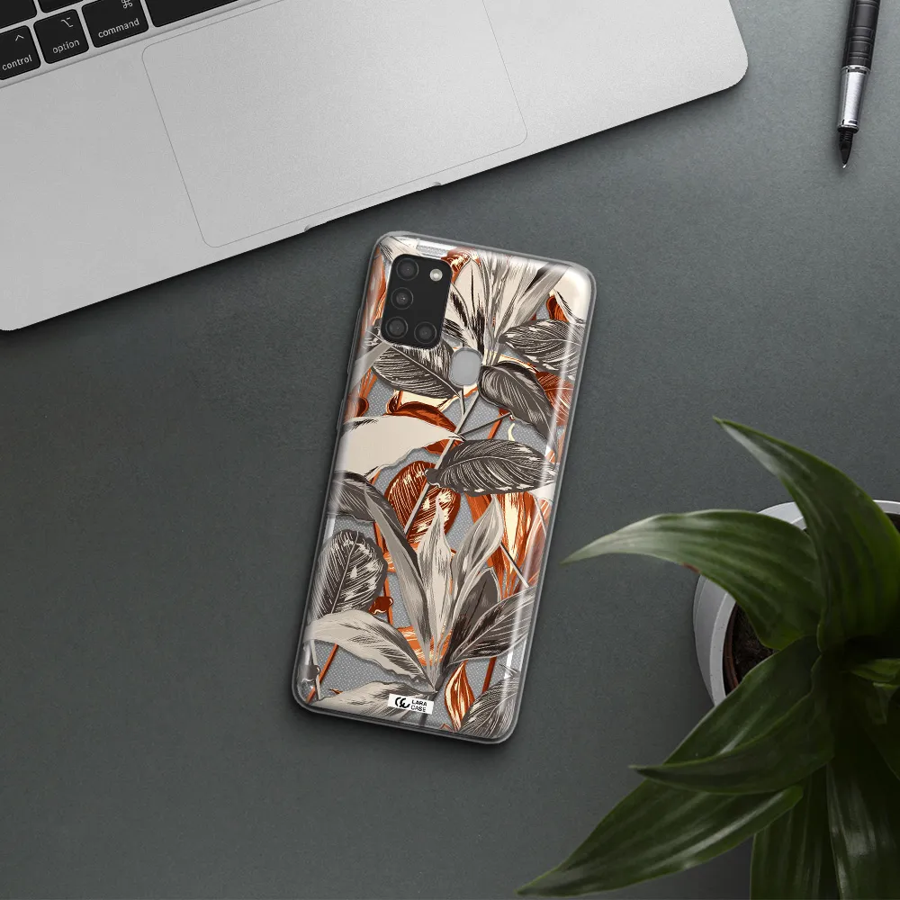 Brown Tropical Leaves Samsung A21S Clear TPU Case