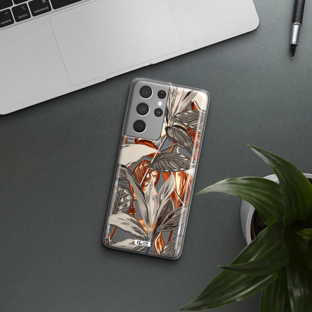 Brown Tropical Leaves Samsung S21 Ultra Clear TPU Case