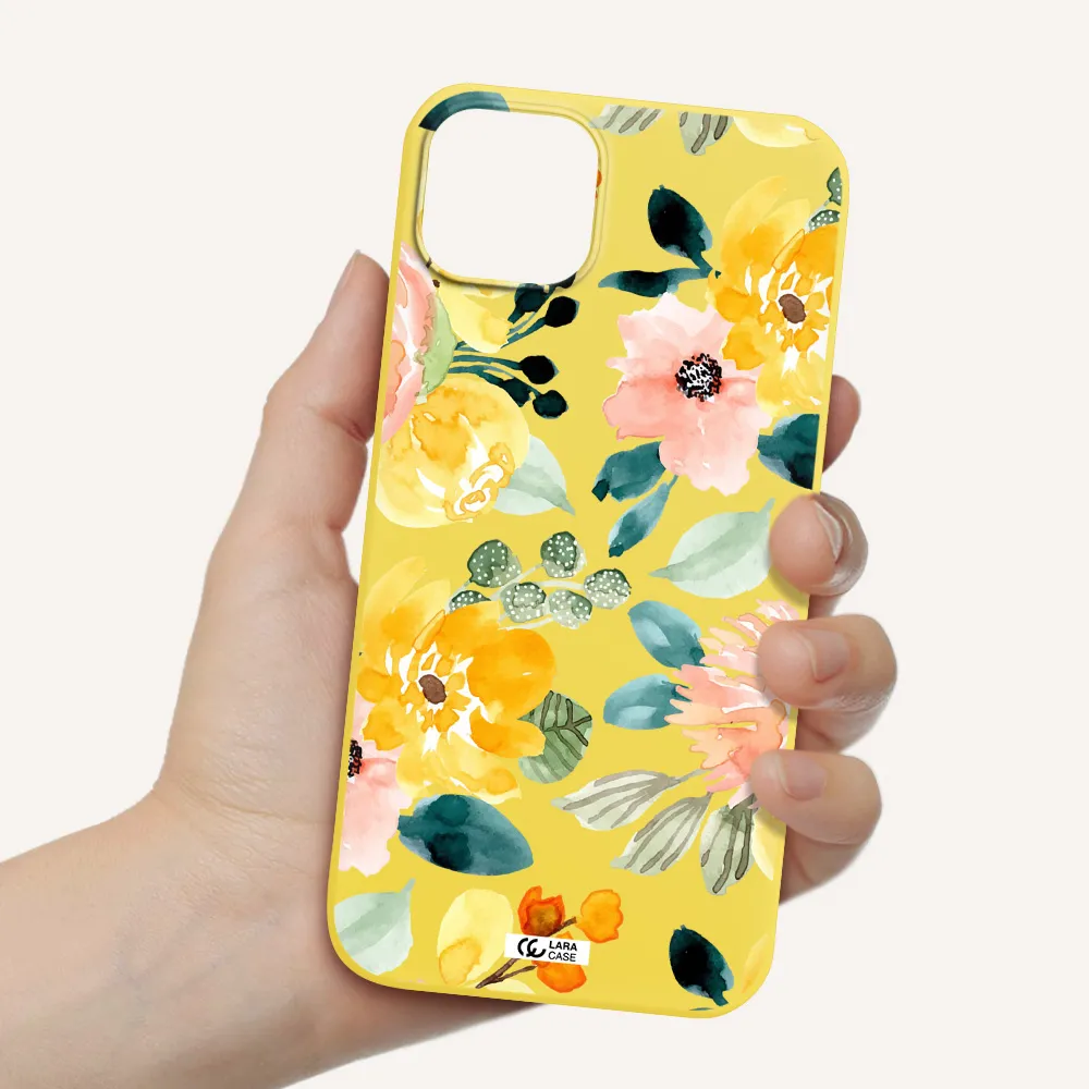 Watercolor Flowers Apple iPhone 14 plus Silicone canary yellow Case