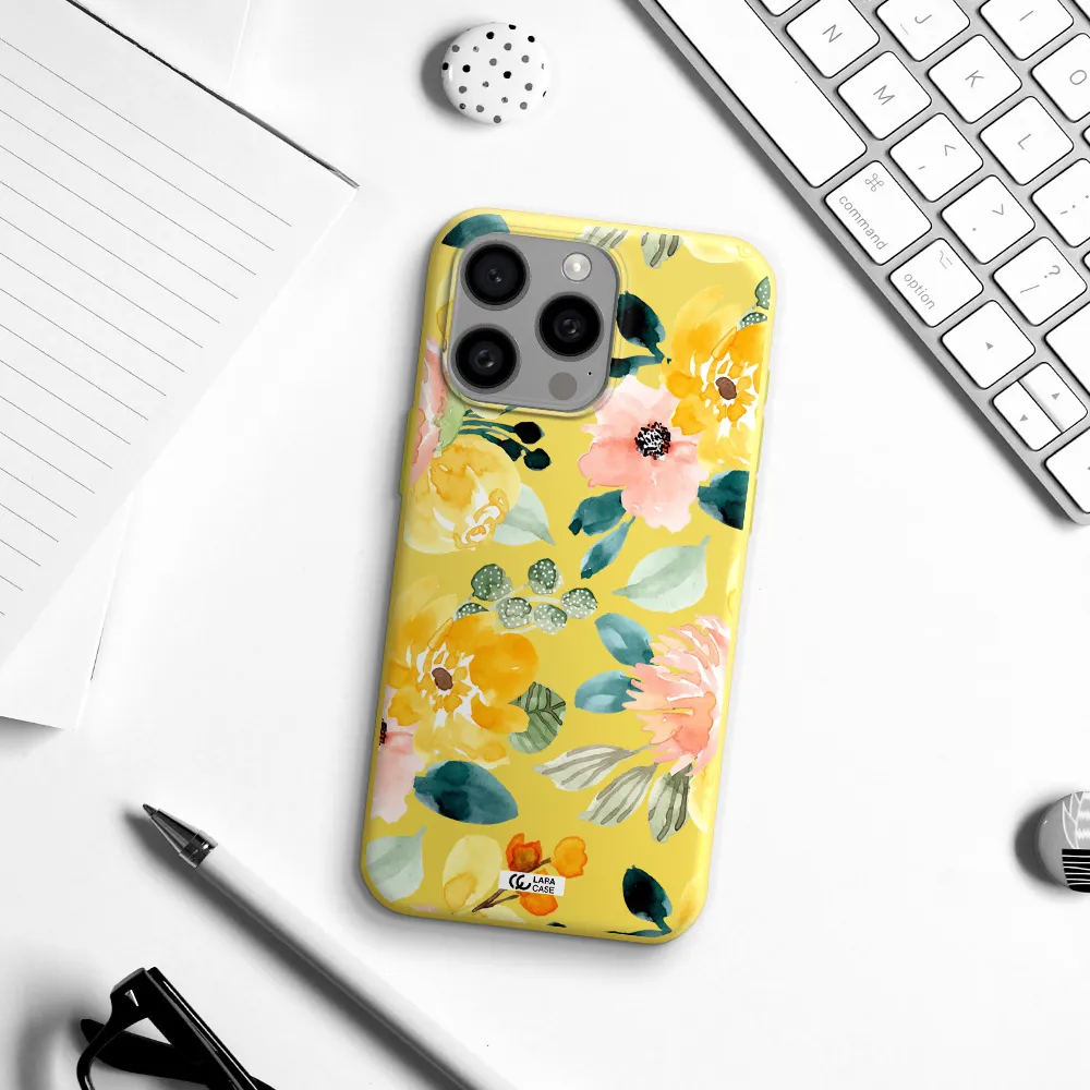 Watercolor Flowers Apple Iphone 15 Pro max Silicone canary yellow Case