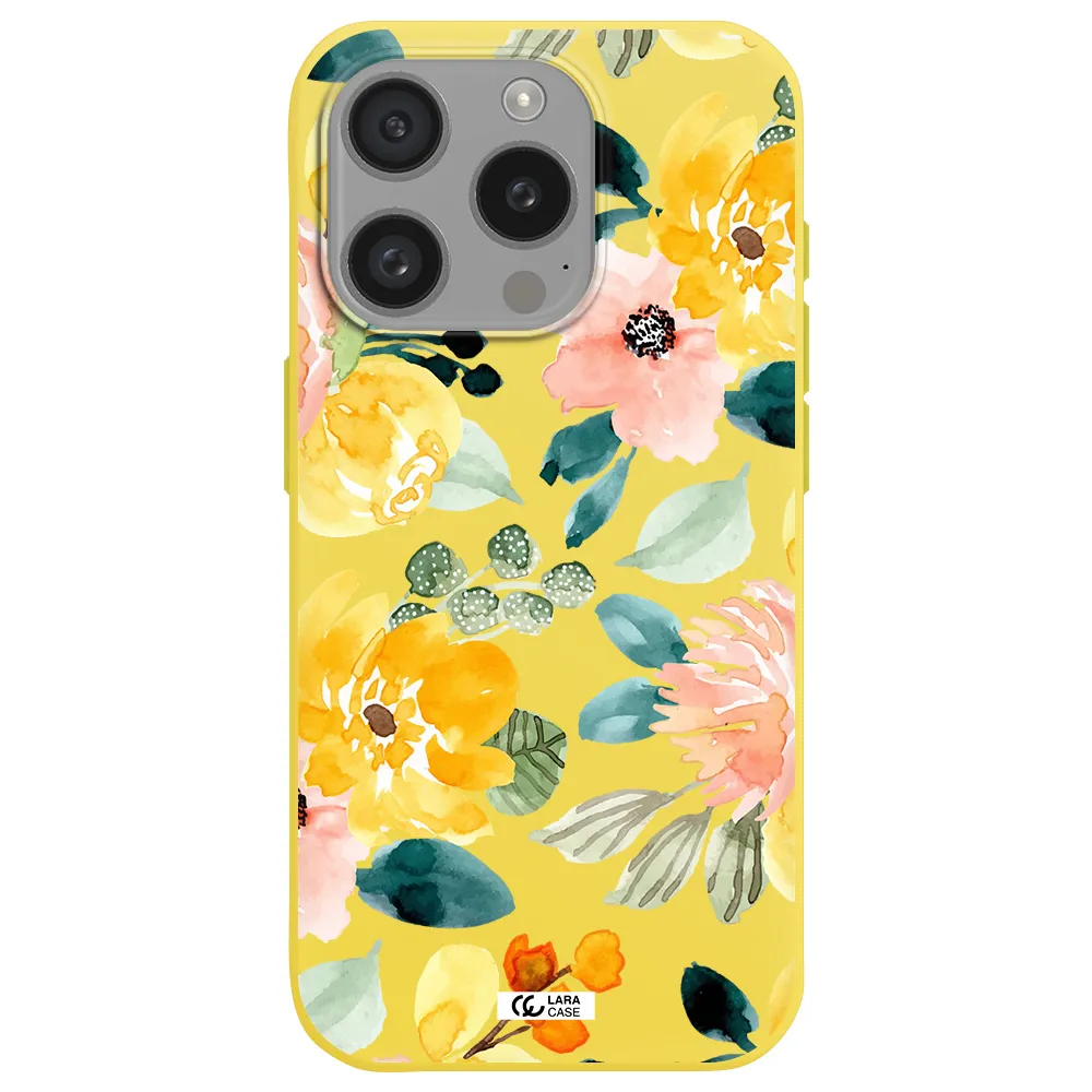 Watercolor Flowers Apple Iphone 15 Pro Silicone Canary Yellow Case
