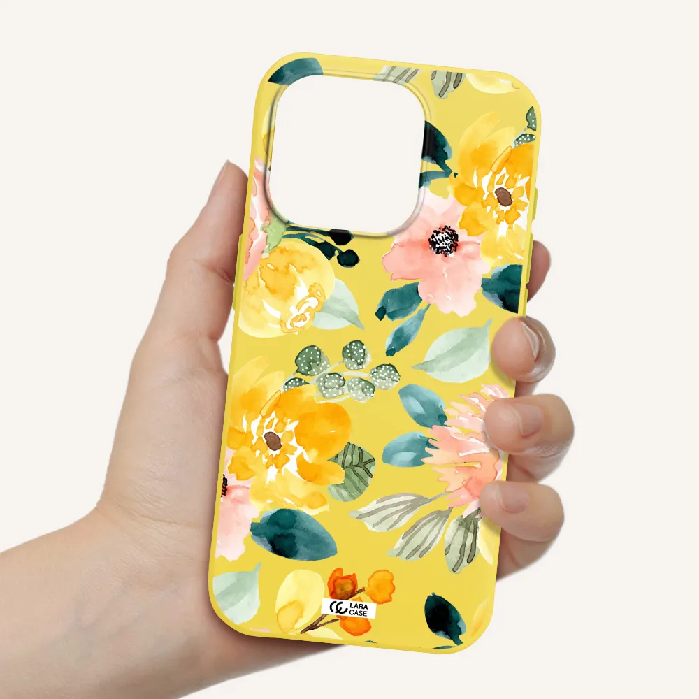 Watercolor Flowers Apple Iphone 15 Pro Silicone Canary Yellow Case