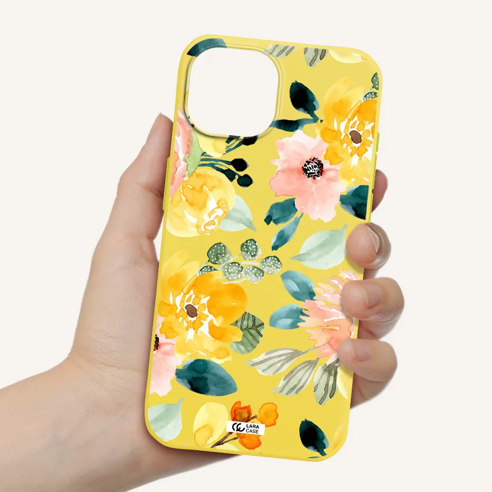Watercolor Flowers Apple iPhone 15 Silicone canary yellow Case