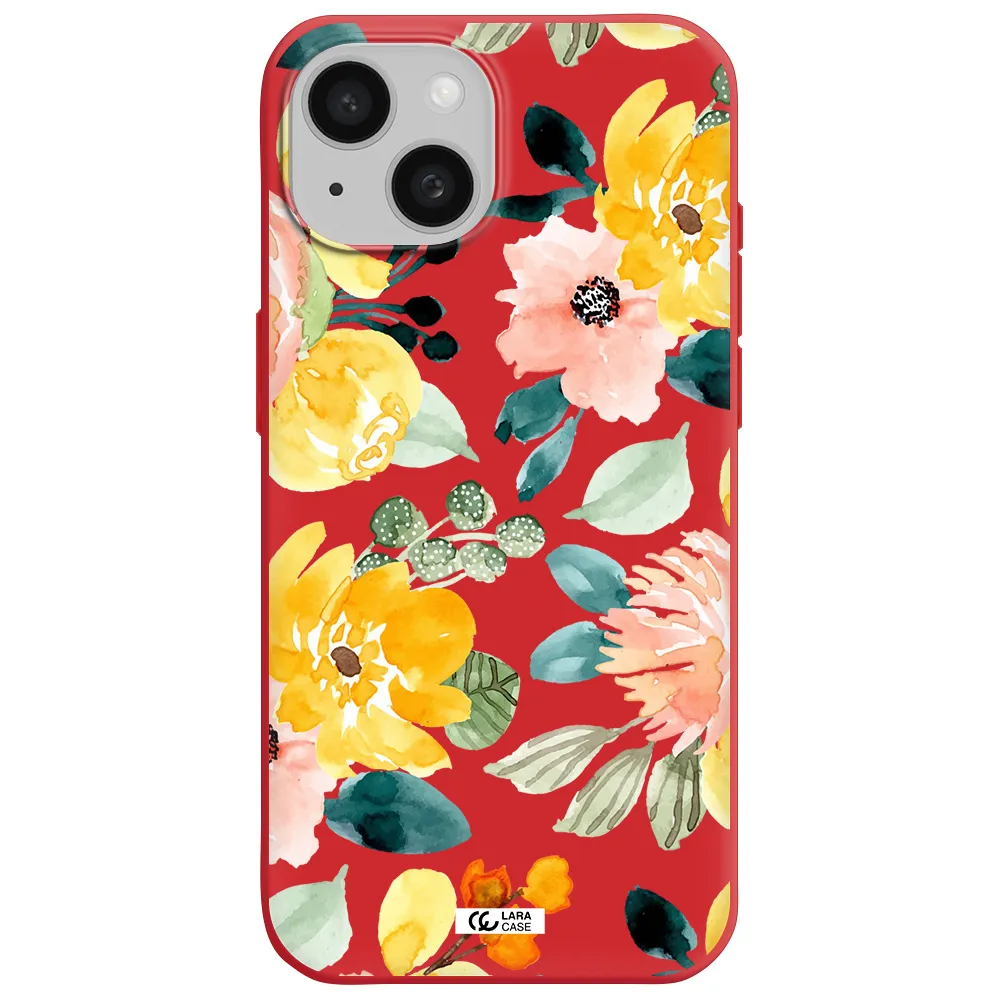 Watercolor Flowers Apple Iphone 15 Silicone Imperial Red Case