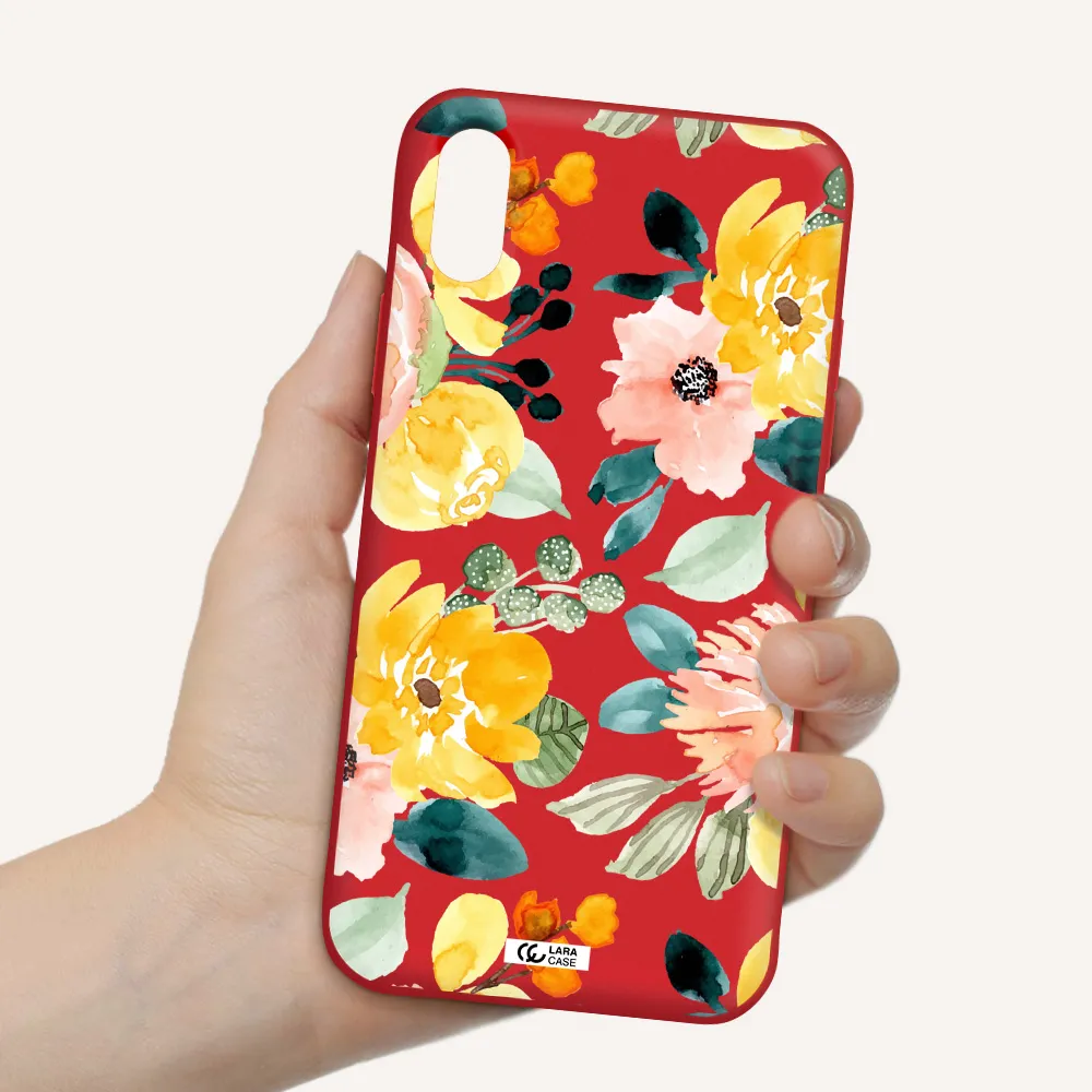 Watercolor Flowers Apple iPhone XS Silicone Imperial Red Case