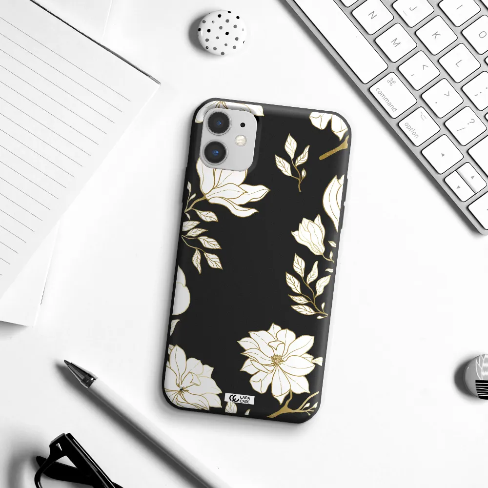 Golden And White Flower Apple iPhone 11 Silicone black Case