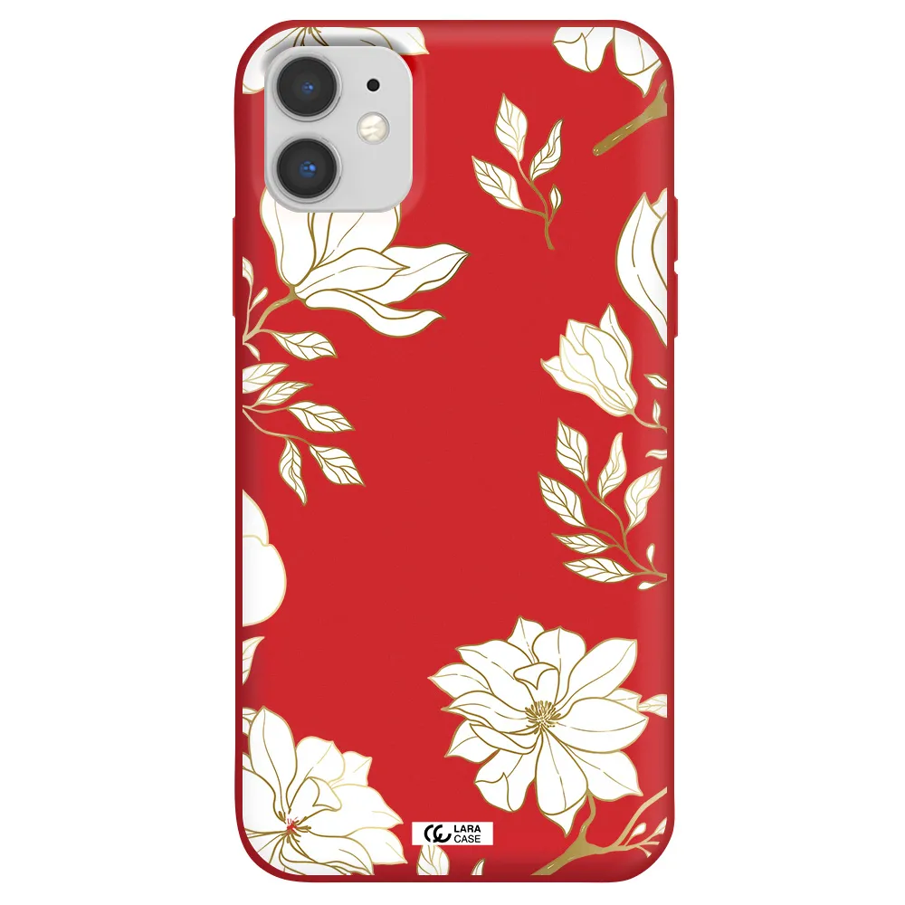 Golden And White Flower Apple iPhone 11 Silicone Imperial Red Case