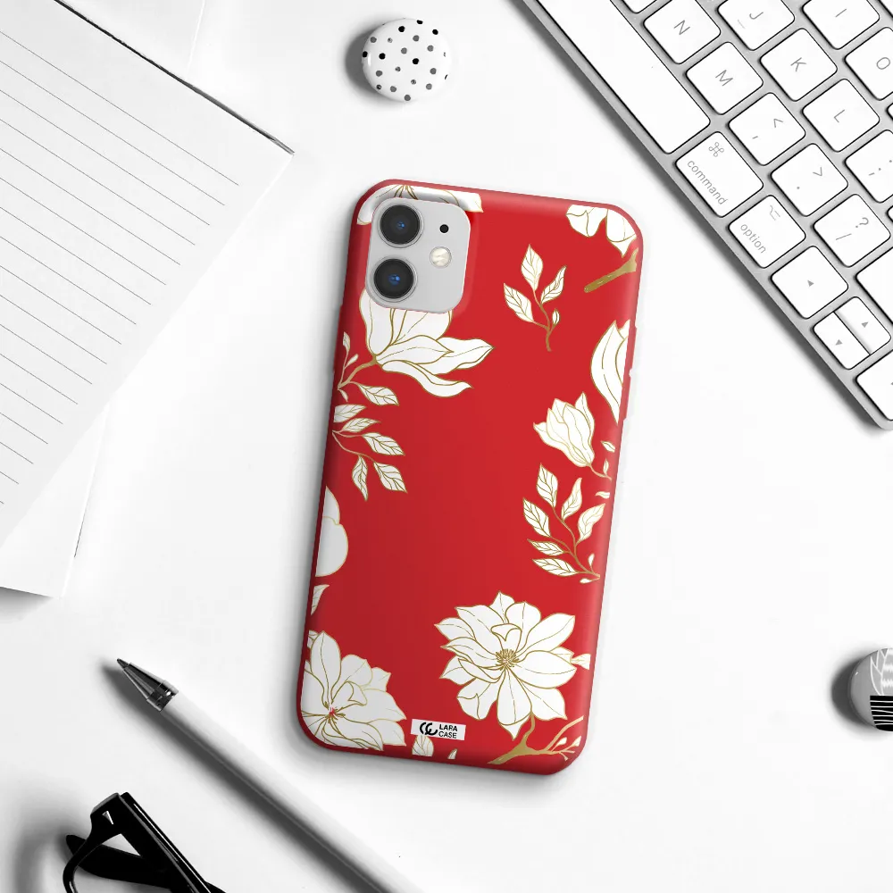 Golden And White Flower Apple iPhone 11 Silicone Imperial Red Case