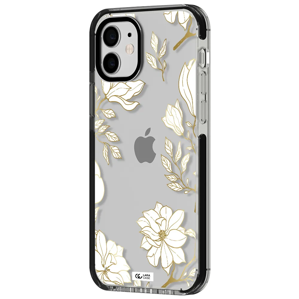 Golden And White Flower Apple iPhone 12 impact black border Case