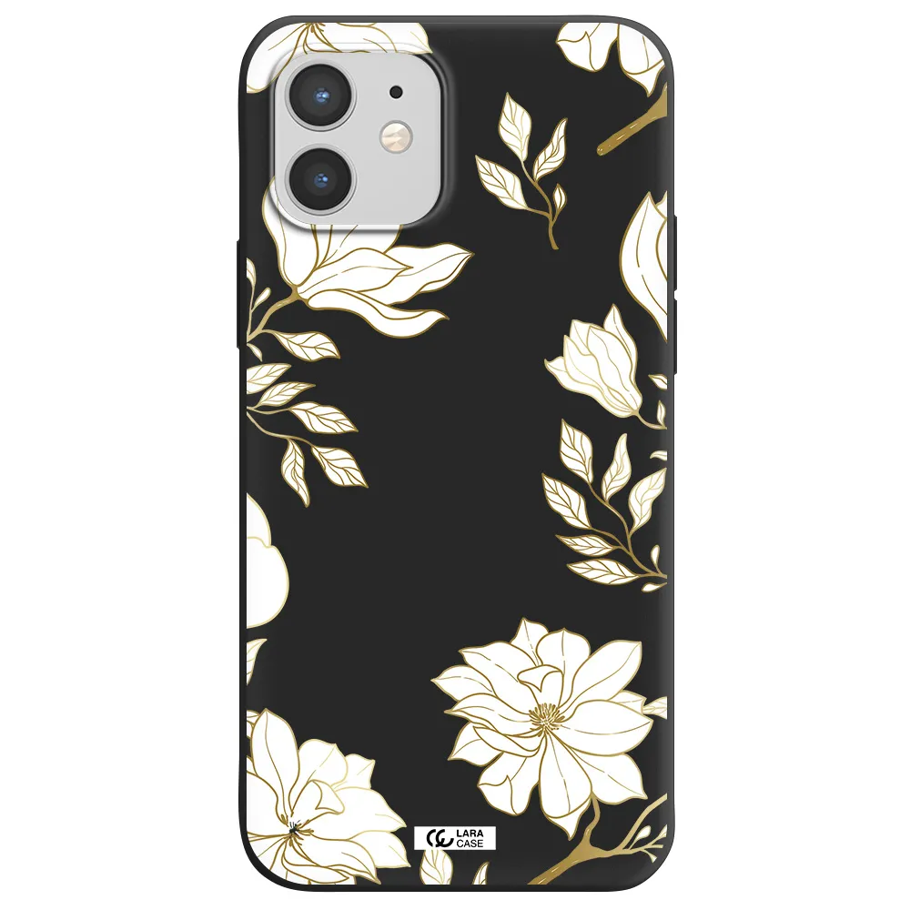 Golden And White Flower Apple iPhone 12 mini Silicone black Case