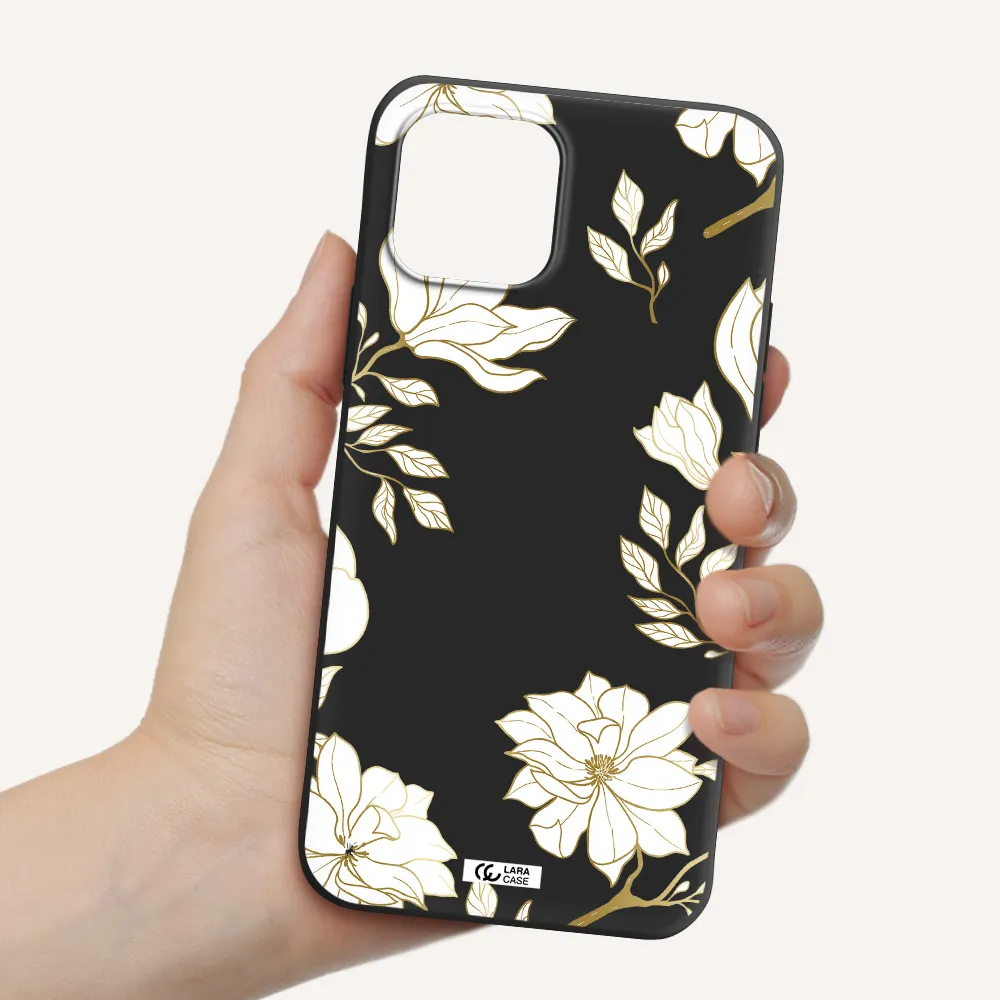 Golden And White Flower Apple iPhone 12 mini Silicone black Case