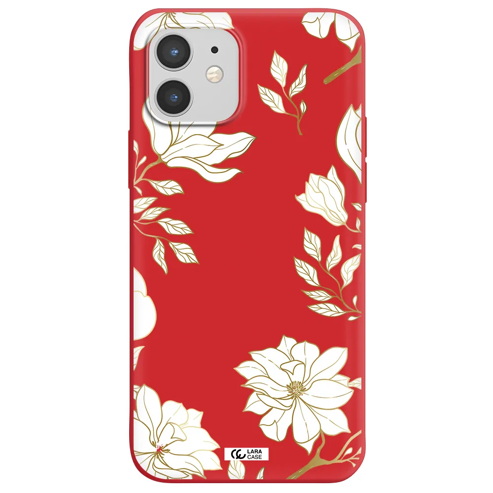 Golden And White Flower Apple iPhone 12 mini Silicone Imperial Red Case