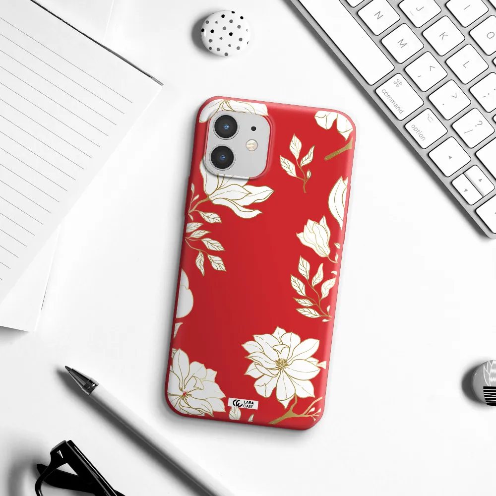Golden And White Flower Apple iPhone 12 mini Silicone Imperial Red Case