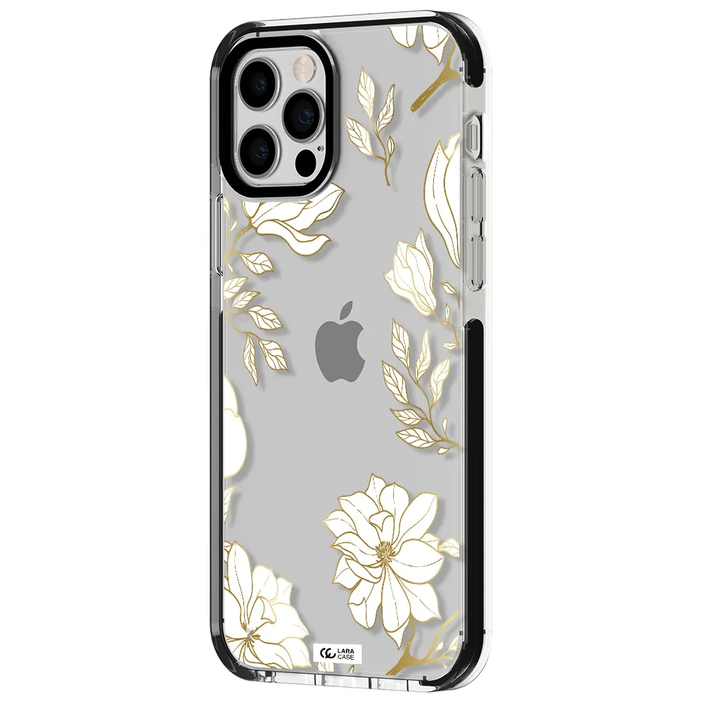 Golden And White Flower Apple iPhone 12 pro impact black border Case