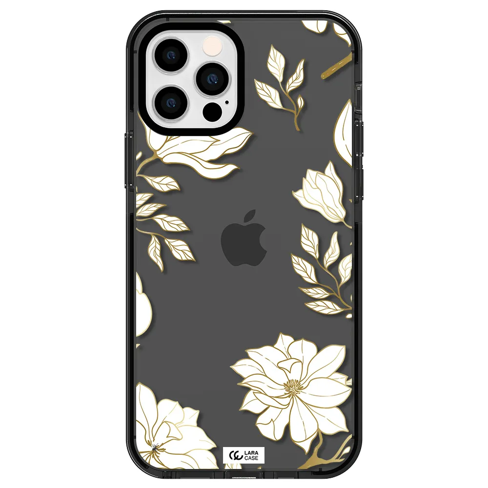Golden And White Flower Apple iPhone 12 pro impact Smoke Black Case