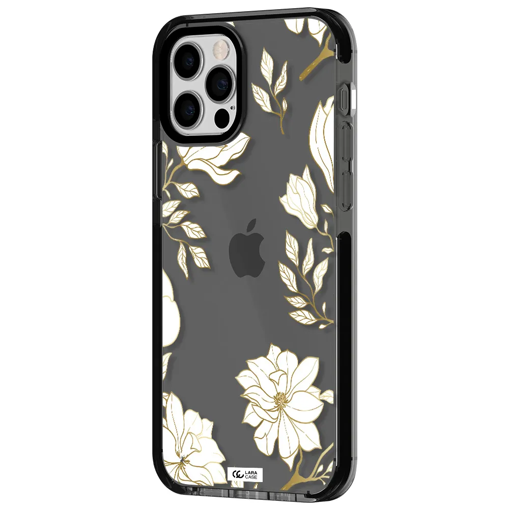 Golden And White Flower Apple iPhone 12 pro impact Smoke Black Case