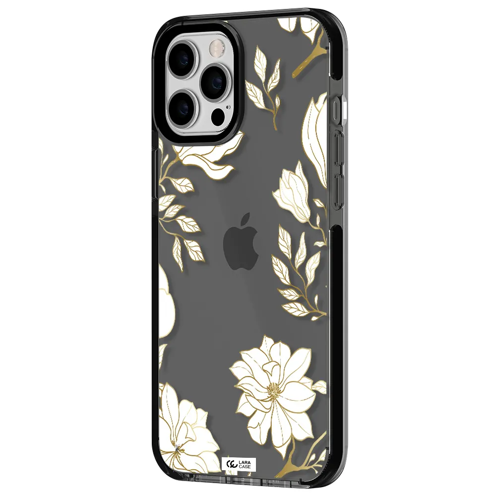 Golden And White Flower Apple iPhone 12 pro max impact Smoke Black Case
