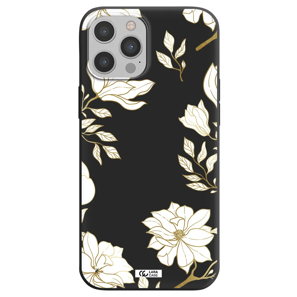 Golden And White Flower Apple iPhone 12 pro max Silicone black Case