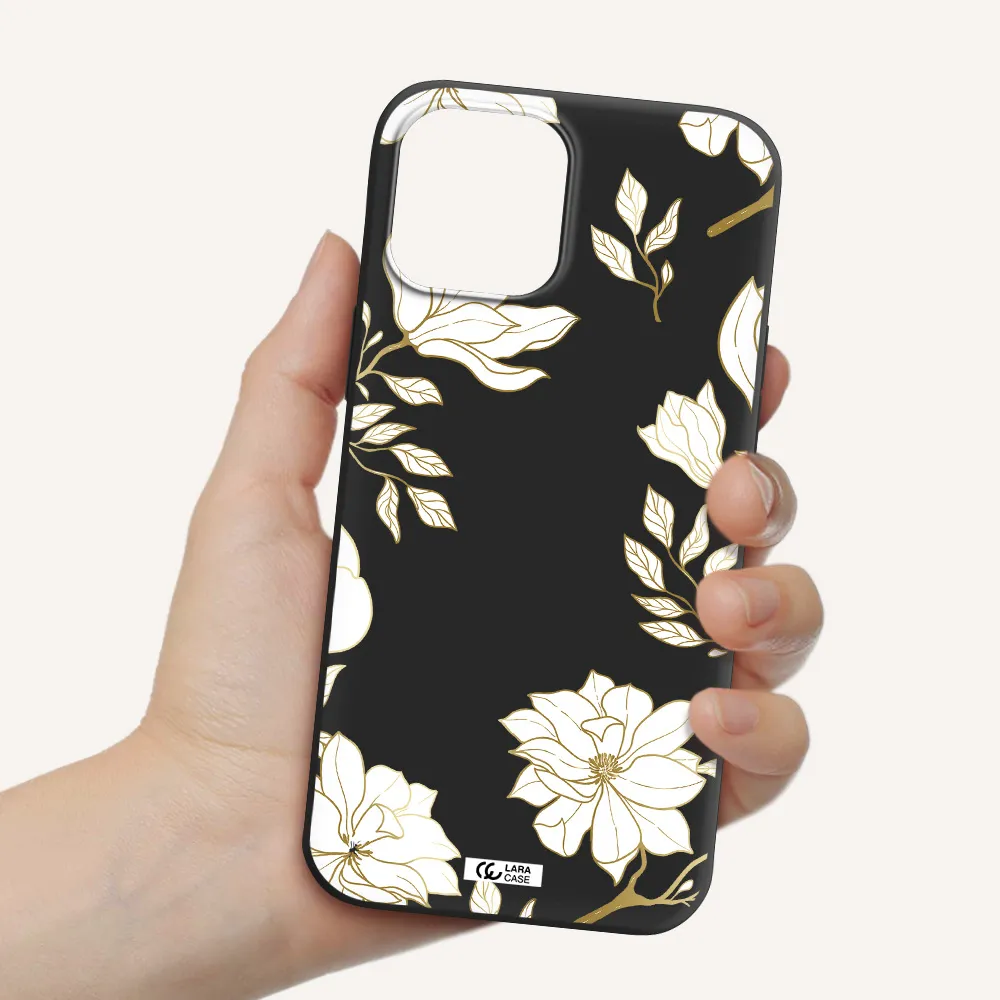 Golden And White Flower Apple iPhone 12 pro max Silicone black Case