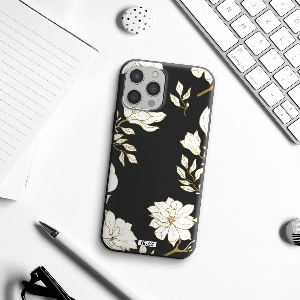 Golden And White Flower Apple iPhone 12 pro max Silicone black Case