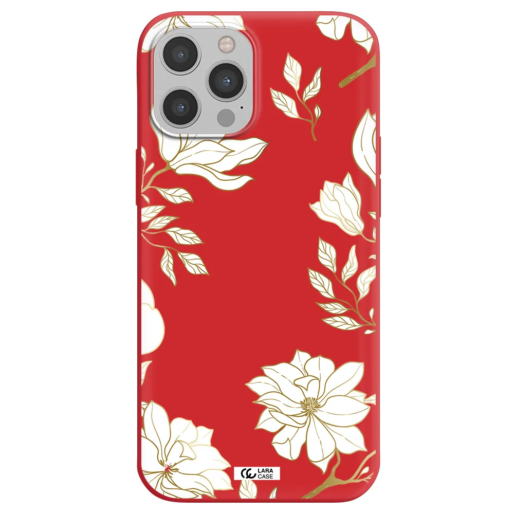 Golden And White Flower Apple iPhone 12 pro max Silicone Imperial Red Case