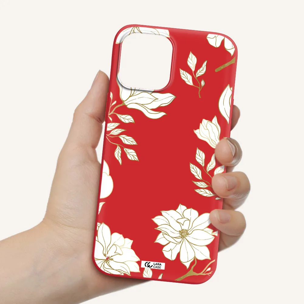 Golden And White Flower Apple iPhone 12 pro max Silicone Imperial Red Case