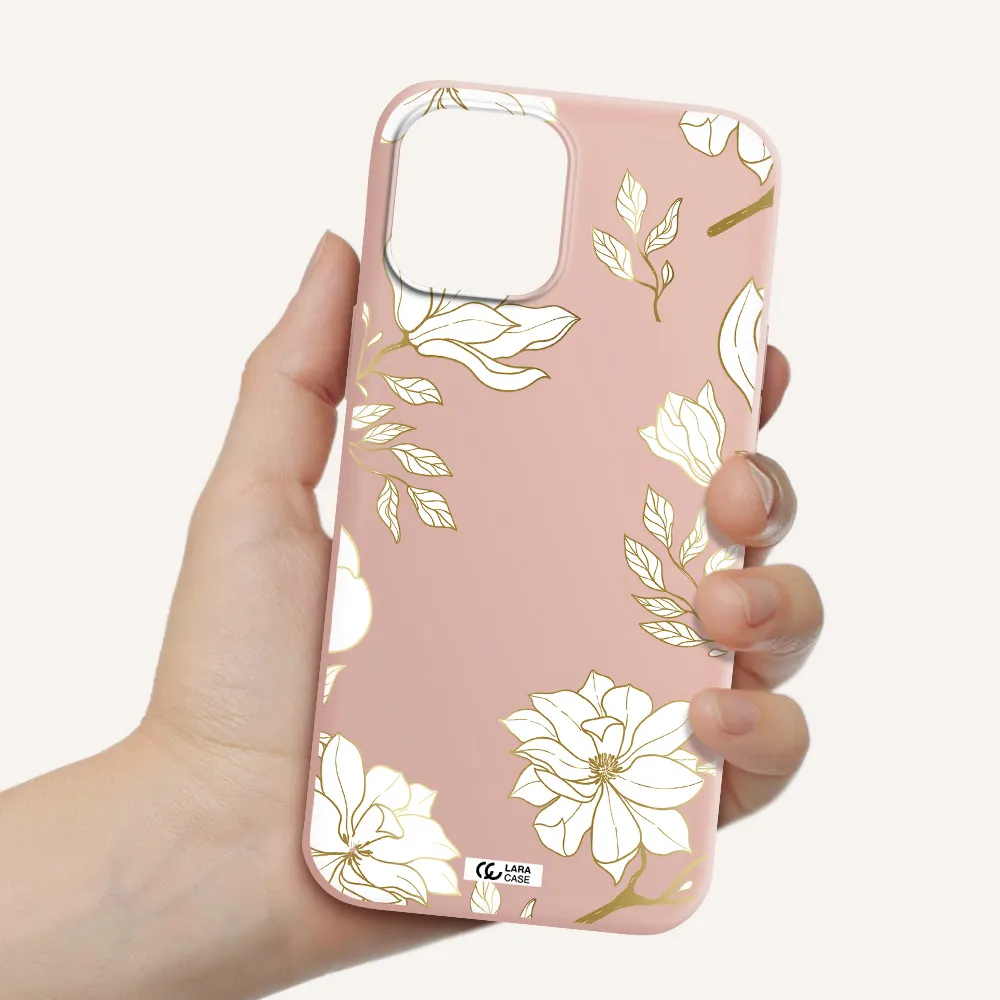 Golden And White Flower Apple iPhone 12 pro max Silicone pastel pink Case