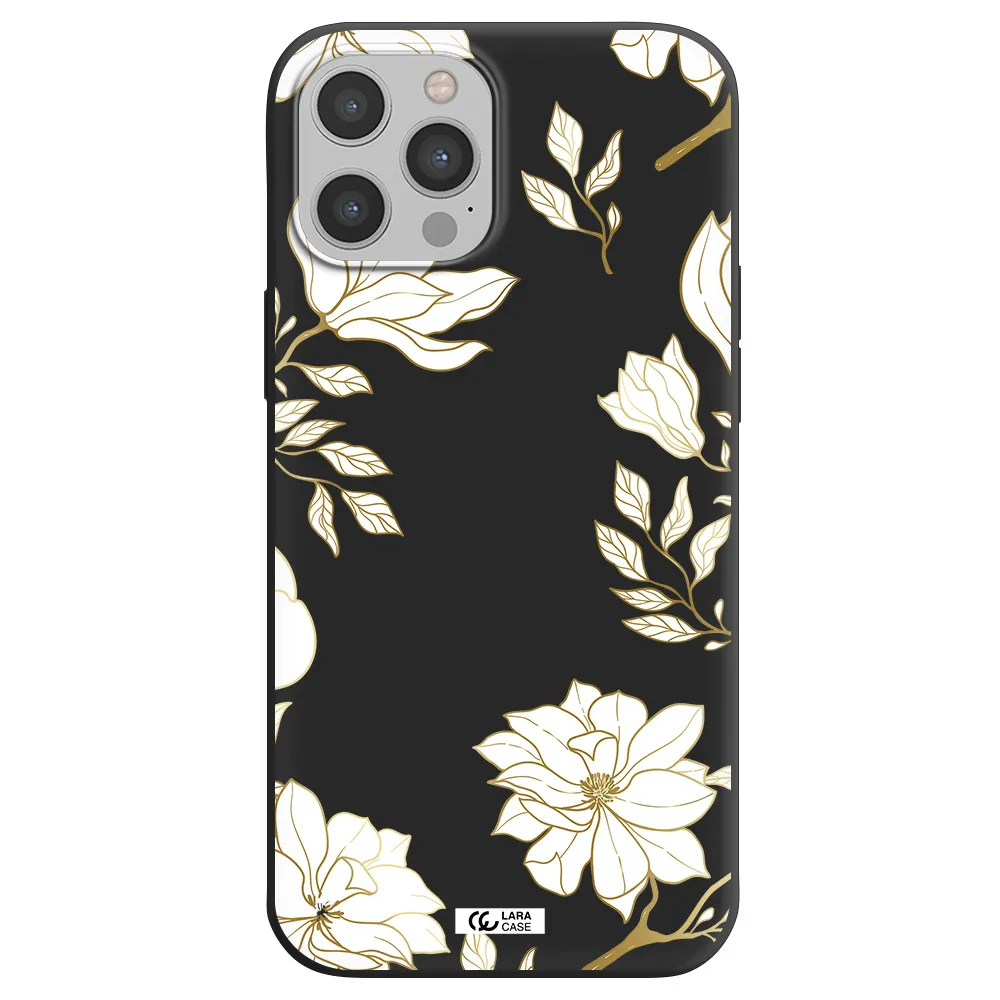 Golden And White Flower Apple iPhone 12 pro Silicone black Case