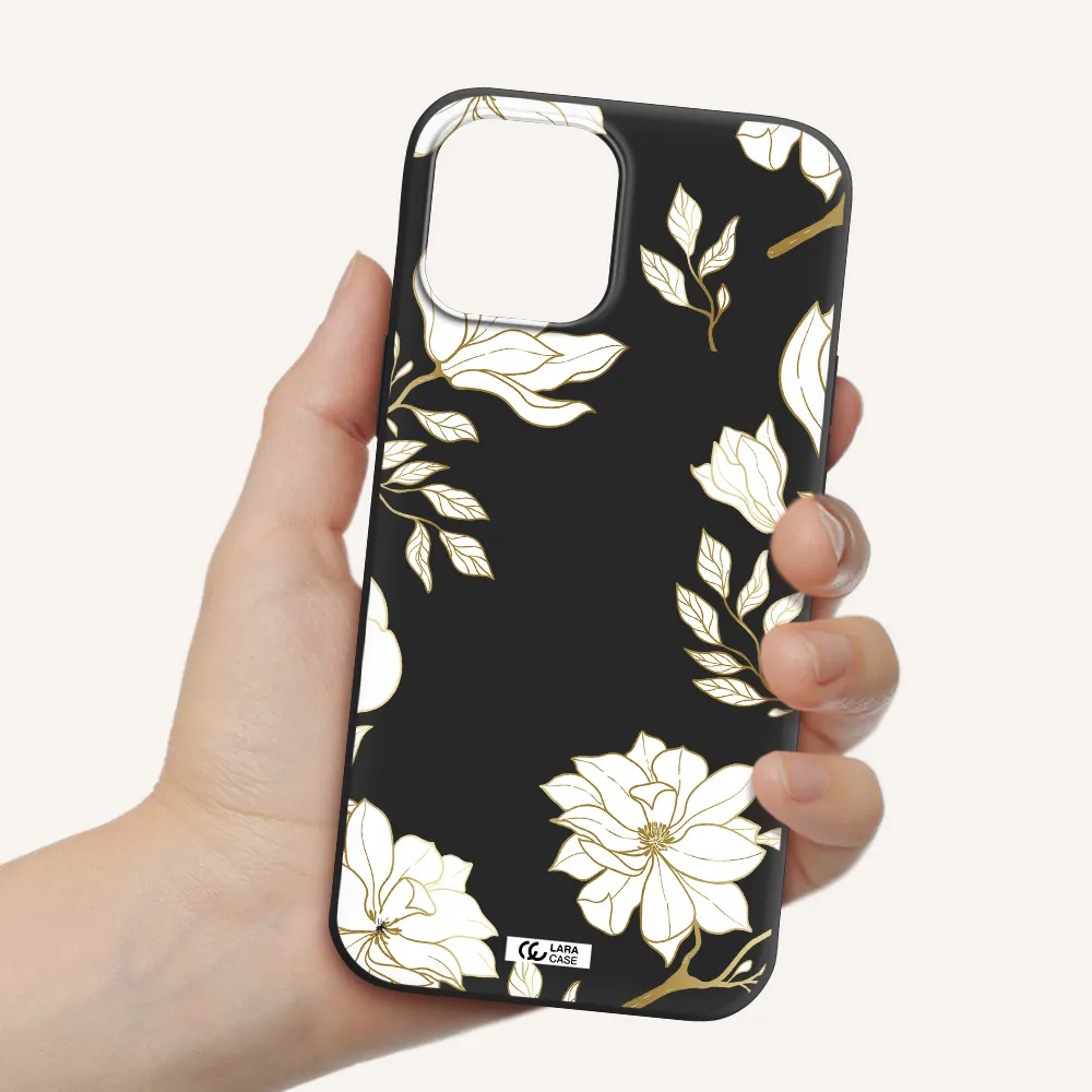 Golden And White Flower Apple iPhone 12 pro Silicone black Case