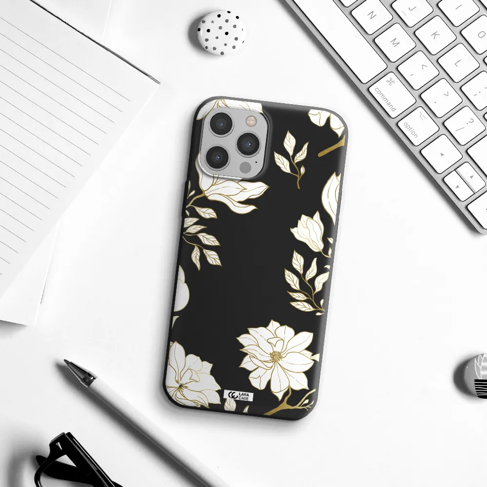 Golden And White Flower Apple iPhone 12 pro Silicone black Case