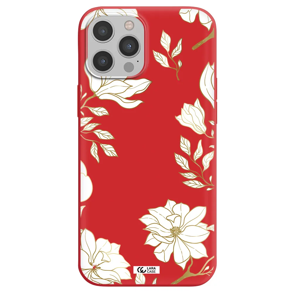 Golden And White Flower Apple iPhone 12 pro Silicone Imperial Red Case